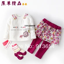 Новинка года, весенне-осенний комплект одежды для малышей, детские футболки с длинными рукавами и принтом+ штаны, юбки+ носки, комплект из 3 предметов, Детская футболка, юбка-брюки