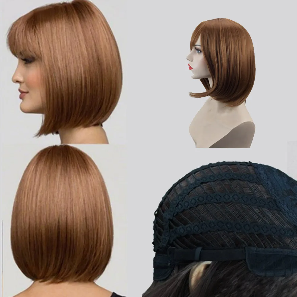 Sexy Women's Full Bangs Wigs Short Wig Straight Female Gradient Color Hair Cosplay Party Hairnet