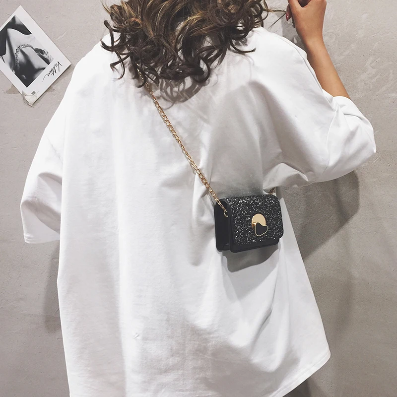 

Mini Messenger Coin Purses For Women PU Street Preppy Style Black Sequin Wallet Cover Satchels Casual Handbag Lady Solid Bolso