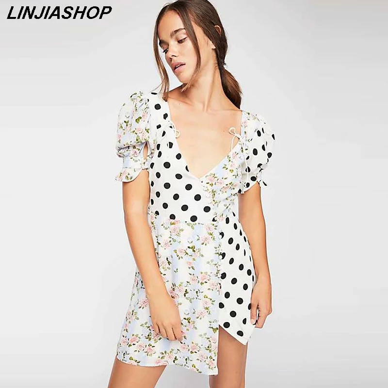 

Elegant french vintage patchwork white summer dress A line high waist slim v neck sashes dot puff sleeve beach print dress festa