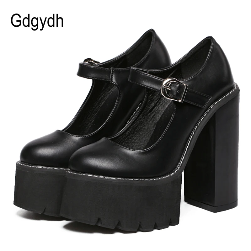 Gdgydh/Новое поступление; женские классические туфли-лодочки; сезон весна-лето; черные кожаные туфли Mary Jane на каблуке; модная женская обувь на платформе с пряжкой