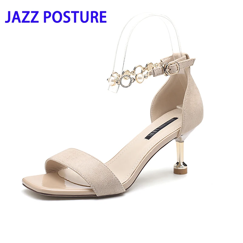 

Women's Sandals Beige Black New Summer Sexy Fish Mouth Sandals High Heels Metal Decorative Beads Women's Sandals y062