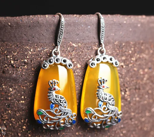

925 Thai silver retro national wind yellow agate earrings silver earrings silver earrings Ms. genuine peacock free shipping