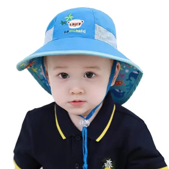 

AB Side New Summer Baby Boys Bucket Hat With Cartoon Penguin Kids Girls Panama Hat Child Sun Protection Hats Wide Brim Cap Blue