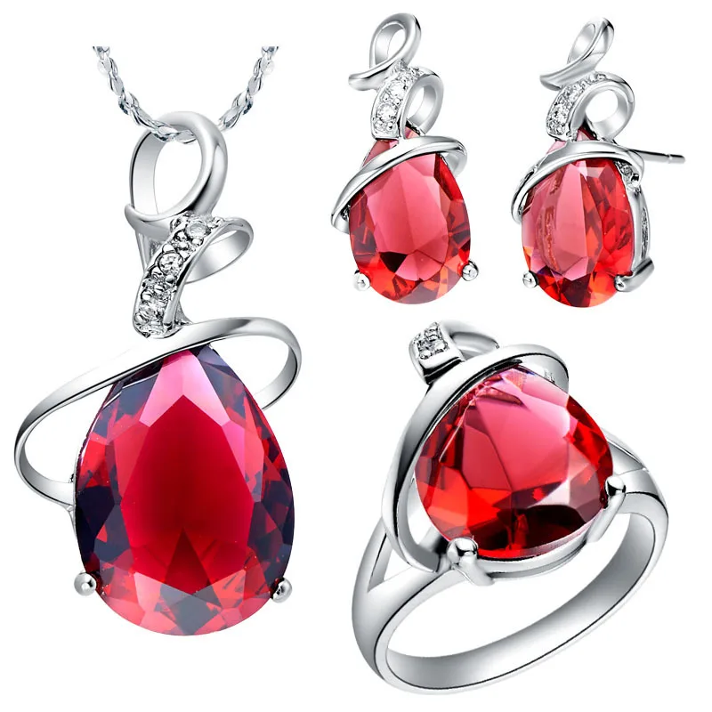 S60007 ring size 6789 rhinestone necklace set ruby costume jewellery 3 piece set women woman
