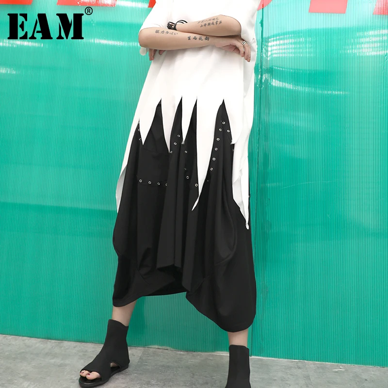 

[EAM] 2019 New Spring Summer High Elastic Waist Black Loose Big Size Pockets Metal Hole Half-body Skirt Women Fashion JY427