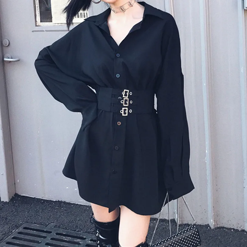 

Women's Black Long Sleeve Sashes Mini Blouse Dress Fashion Spring Punk Shirt Dresses Girls Female Gothic Dress