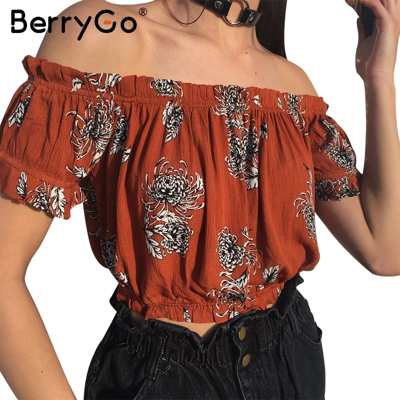 

BerryGo Print off shoulder elegant blouse shirt Summer short sleeve blouse blusas women tops Casual streetwear sexy blouse 2017