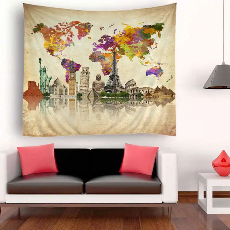 Wall Mandala World Map Printed Polyester Macrame Wall Hanging Mandala Tapestry Boho Decor Carpet Home Decoration Accessories