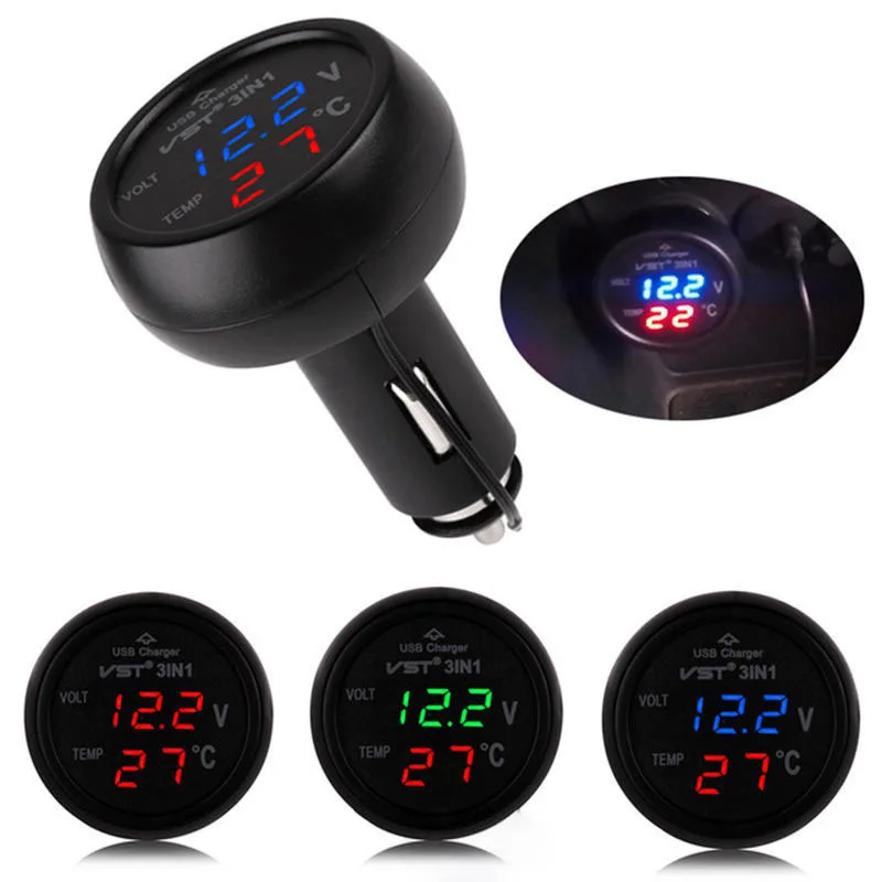 New 3 in1 Digital Voltmeter Thermometer 12/24V Cigarette Lighter USB Car Chargerin Cigarette