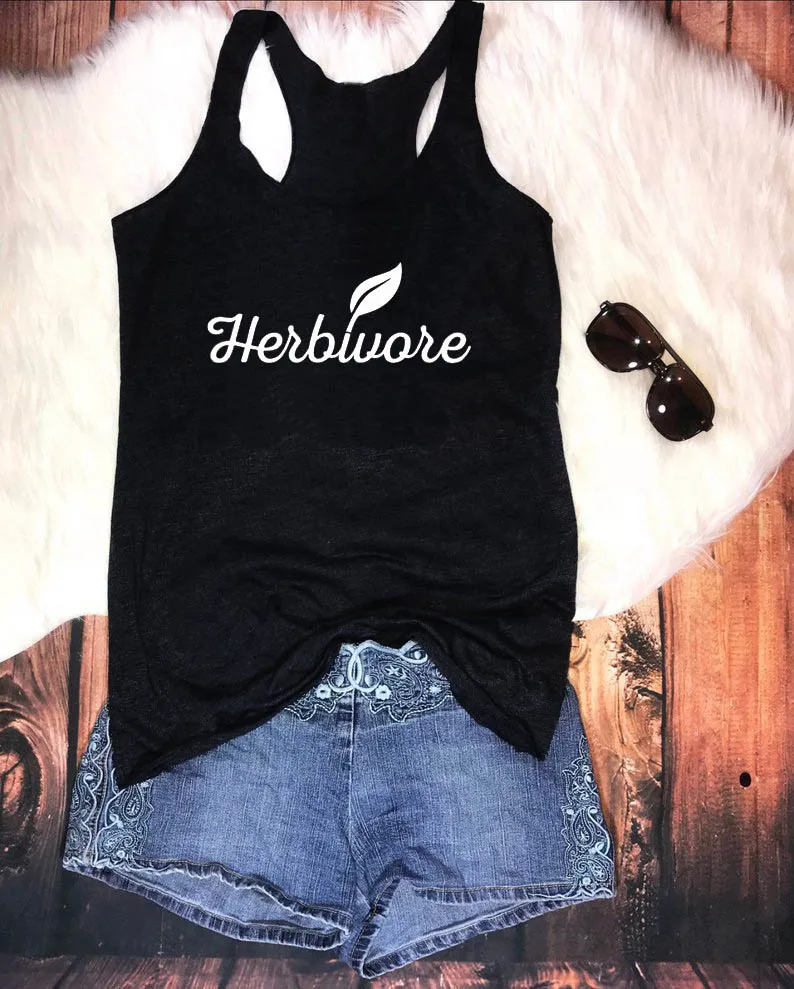 black-black text Жилет Herbivore, женский топ на бретелях с надписью, забавная футболка без рукавов, простой и стильный жилет, милый жилет для веганов - Цвет: black-black text