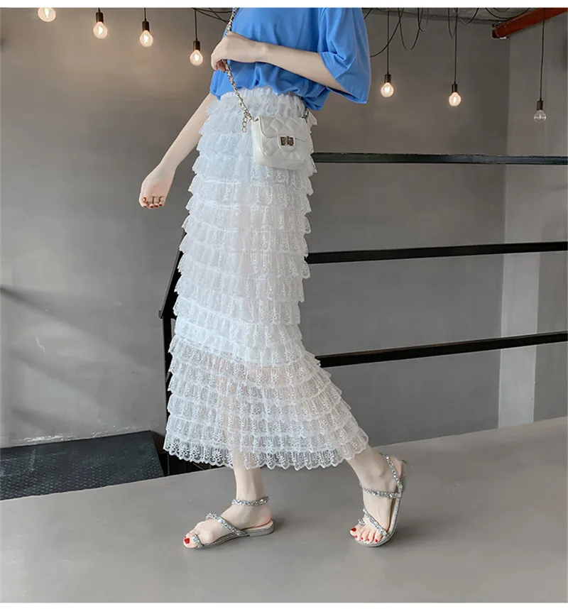 Корейские длинные юбки Кружевная многослойная фатиновая юбка в стиле барокко с высокой талией плиссированная сетчатая юбка весна лето винтажные черные юбки
