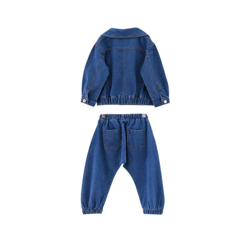 

DFXD High Quality Baby Girl Clothing Set 2018 Autumn Fashion Cotton Denim Blue Double-breasted Coat+Bloomers Pant 2pc 2-8Years