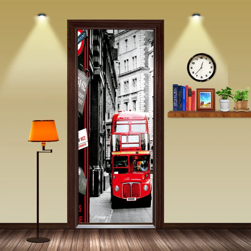 

2 pcs/set Double-decker Red Bus Wall Door Stickers DIY Door Poster Bedroom Home Decor Poster PVC Waterproof Door Wallpaper ZB28