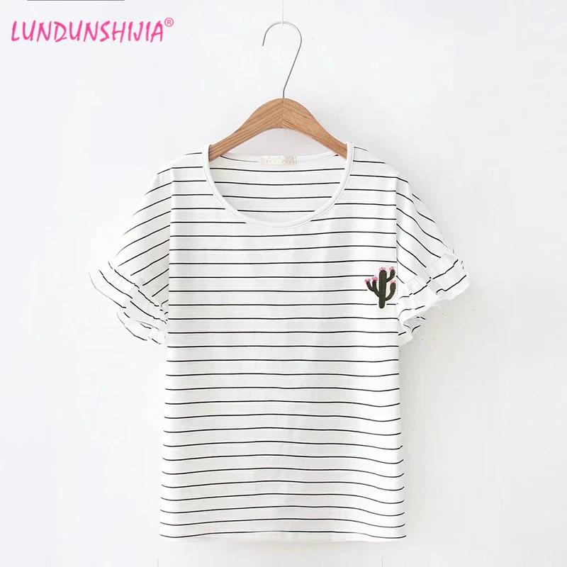 

LUNDUNSHIJIA Women T-shirts 2018 Summer Cactus Embroidery Striped Casual Loose Cotton T-shirts Lotus Sleeve O-Neck Tees Tops