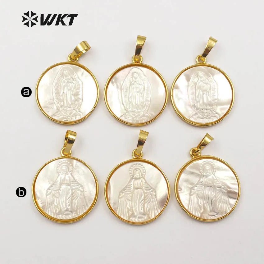 

WT-JP042 WKT Hot sale! wholesale natural white shell pendant round shape virgin Mary religious style pendant for necklace making