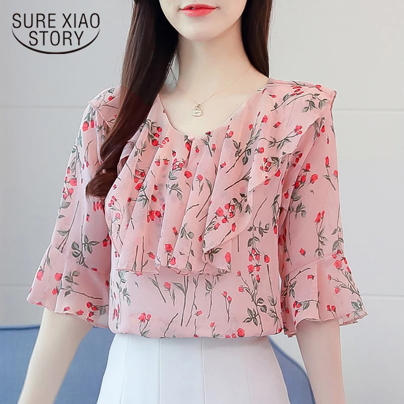 

short sleeve chiffon blouse womens tops and blouses women shirts plus size tops ptint 2019 Spring Shirt V-neck Shirt 2702 50