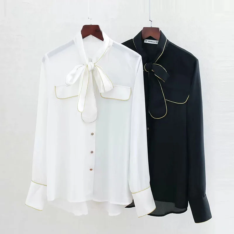 

Women Bow Shirt Blouses Summer Fashion Solid Female Flower Cufflinks Shirts Wild Slim Golden rim Pocket Ladies Tops Shirt