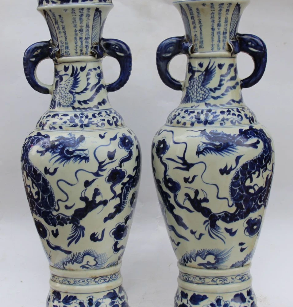 

26" Rare Blue Porcelain Elephant Dragon Phoenix Statue Flower Bottle Vase Pair