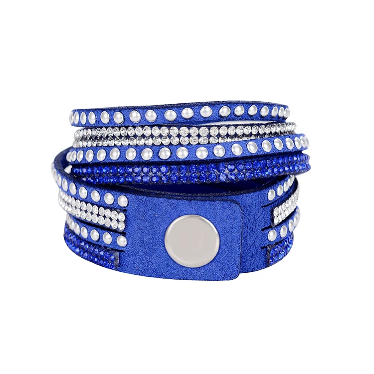 Fashion Unisex PU leather Crystal Charm bracelets Blue Color Multilayer