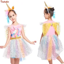 Girls Unicorn Costume Headband Gold Wings Set for Kids Halloween Theme Party Dress Children Pony Rainbow Tutu Dress Hair Hoop full length girl rainbow pony tutu dress children inspired little pony birthday party tutu dresses halloween costume for girls