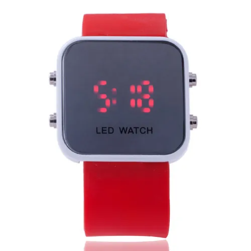 Модный выразительный зеркальный светодиодный квадратный циферблат, многоцветный Силиконовый ремешок для мужчин и женщин, электронные цифровые наручные часы - Цвет: Красный