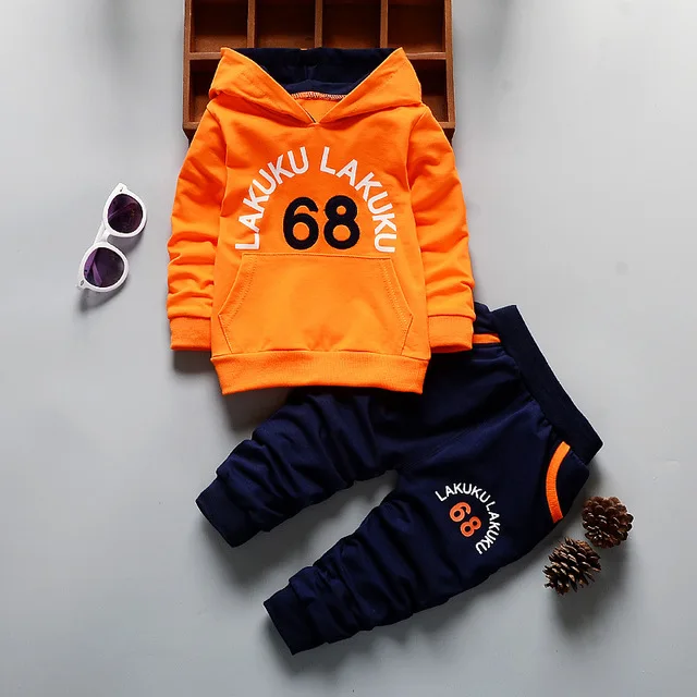 Комплект для маленьких мальчиков, г. Новая детская одежда осенне-зимний комплект из 3 предметов, пальто с капюшоном, Осенний хлопковый комплект с буквенным принтом - Цвет: X03-Orange-