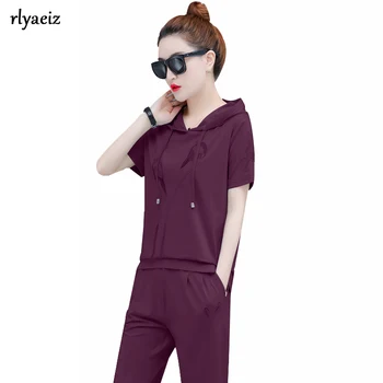 

Rlyaeiz New 2 Piece Set Women Tracksuit 2019 Summer Casual Pure Color Hooded Hoodie + Calf-length Pants Female Cotton Sweat Suit