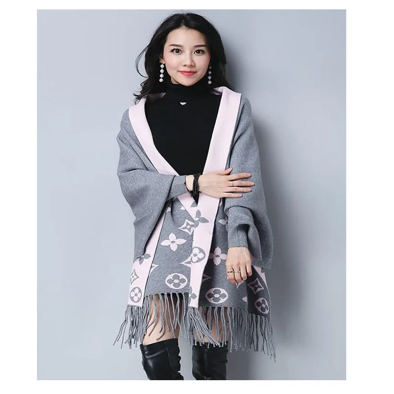 

Autumn Capes Coat Winter Ponchos for Women Chinese style Jacquard knitted Tassel Open stitch Wool Coat female Scarf Tops coats