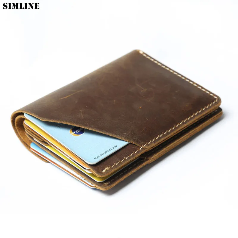 

100% Genuine Leather Wallet For Men Short Vintage Handmade Crazy Horse Leather Male Short Thin Wallets Small Purse Card Holder