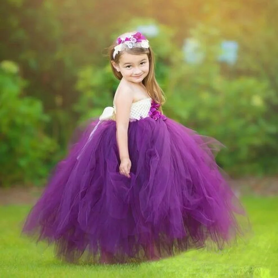 Girls Plum Flowers Wedding Tutu Dress with headband Children Summer Handmade Tulle Costume (7)