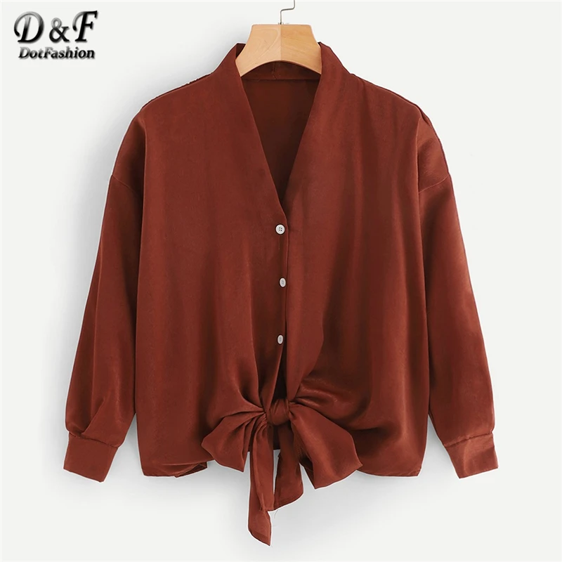 

Dotfashion Rust Single-Breasted Knot Hem Womens Tops And Blouses 2019 Spring Casual V Neck Ladies Tops Long Sleeve Placket Shirt