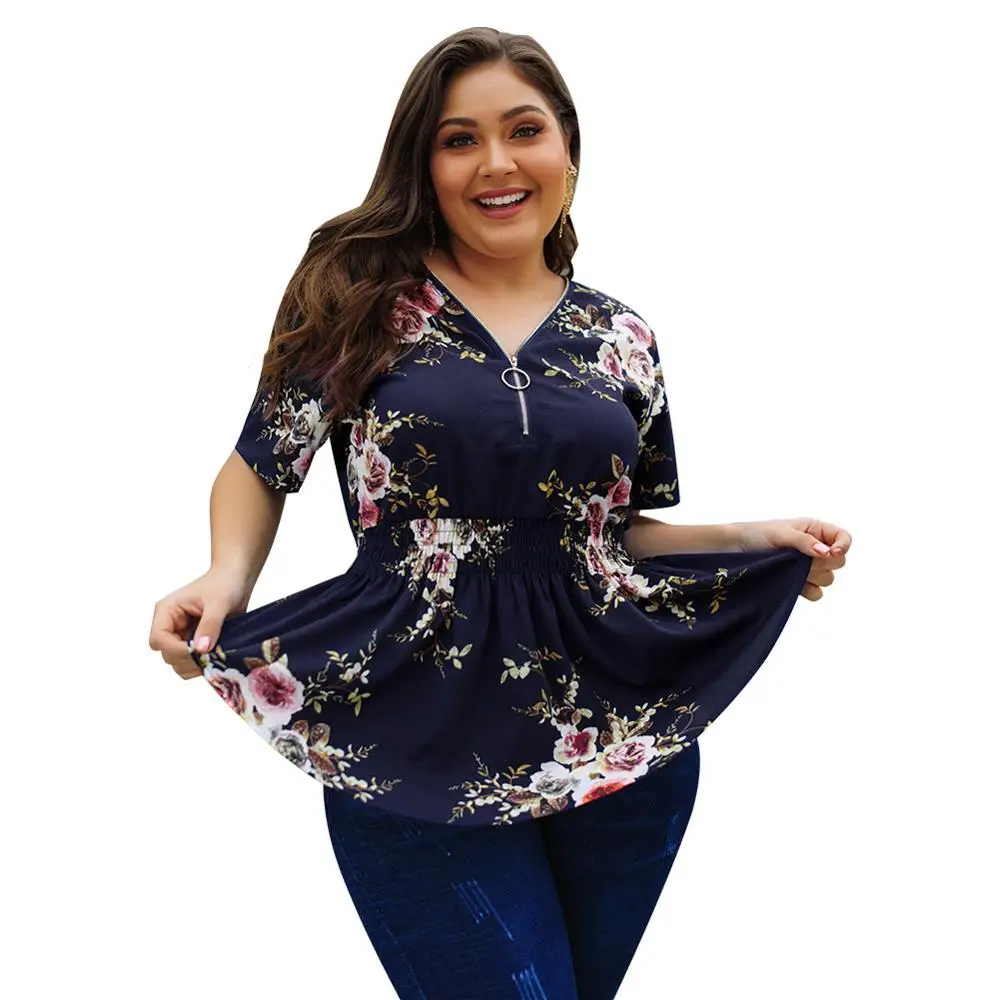 

2019 Women's Blouse Plus Size Sexy V Neck Floral Print Belted Surplice Peplum Tops And Blouse blusas feminina