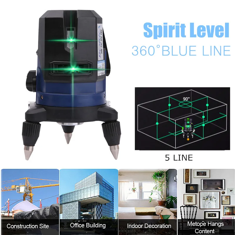 

5 Line Blue Cross Lines 360 Degree 3D Rotary Green Light Upgrade Laser Level Automatic Self Leveling Vertical Horizontal Outdoor