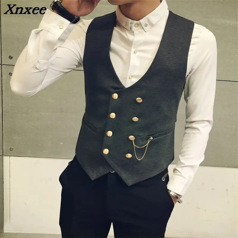 Mens Double Breasted Vest Men Dress Suit Vest Men Formal Black Gtrey