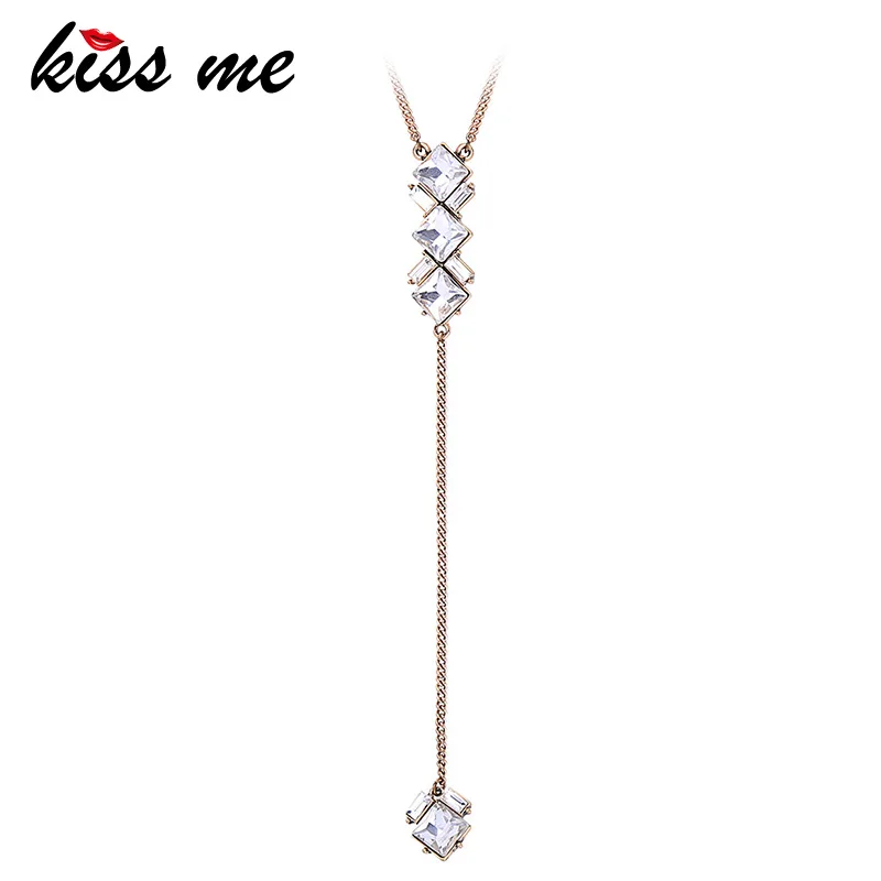 

KISS ME Antique Alloy Chain Clear Glass Crystal Geometric Long Pendant Necklace Fashion Vintage Jewelry