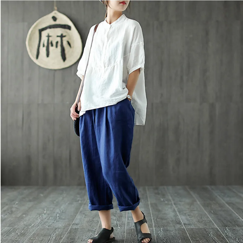 Johnature Stand Collar Solid Color Tops 2018 Summer New Single-breasted Short Sleeve 4 Colors Casual Cotton Linen Women Shirts Johnature Stand Collar Solid Color Tops 2018 Summer New Single-breasted Short Sleeve 4 Colors Casual Cotton Linen Women Shirts