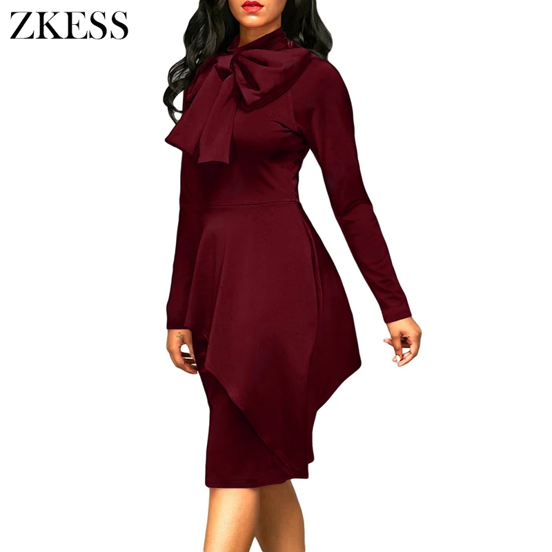 Burgundy-Asymmetric-Peplum-Style-Pussy-Bow-Dress-LC61826-3-3 