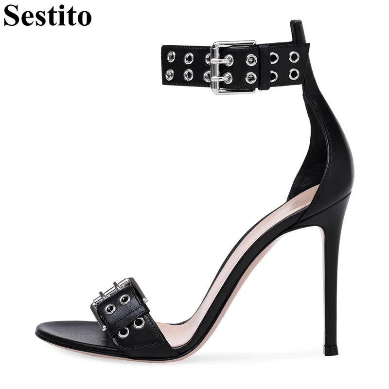 

Concise Black Metal Round Hole Casual Sandals Peep Toe Super High Thin Heels Women Sandals Cover Heel Buckle Summer Women Shoes