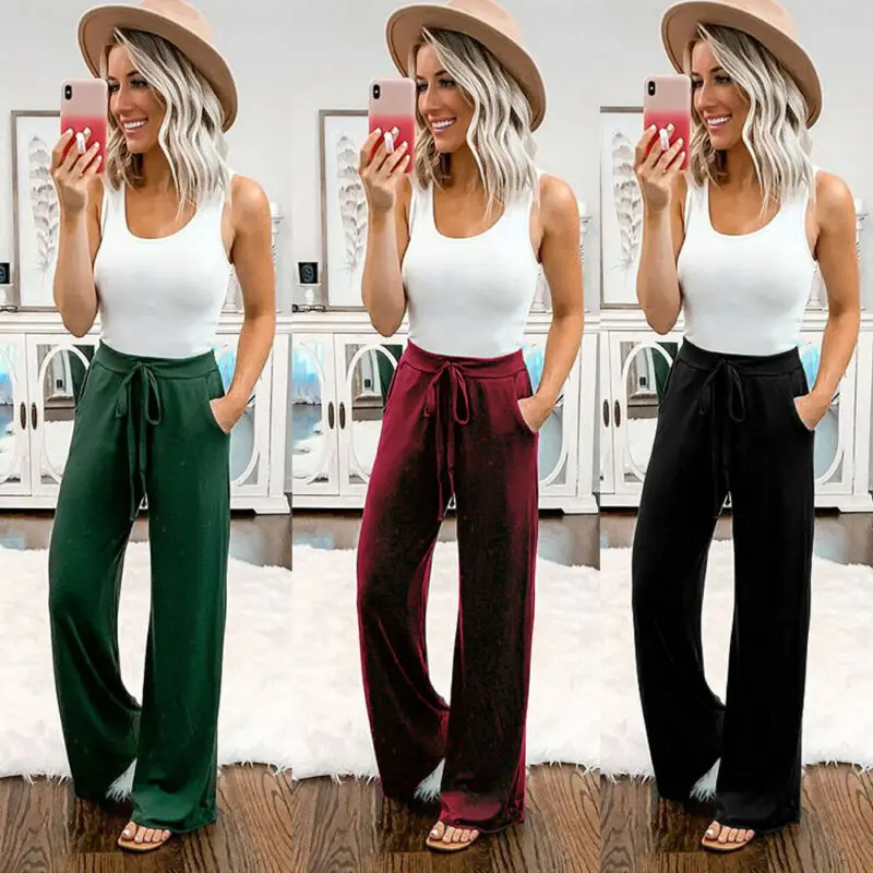 

2019 Fashion Womens Elastic Pants Loose High Waist Solid Wide Leg Long Trousers Summer Autumn