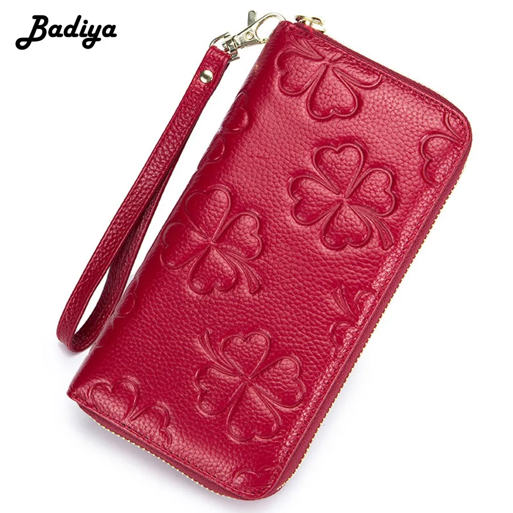 

Clover Embossed RFID Blocking Clutch Wallets Ladies Large Capacity Wallet Women Genuine Leather Zipper Purse Long Card Holders