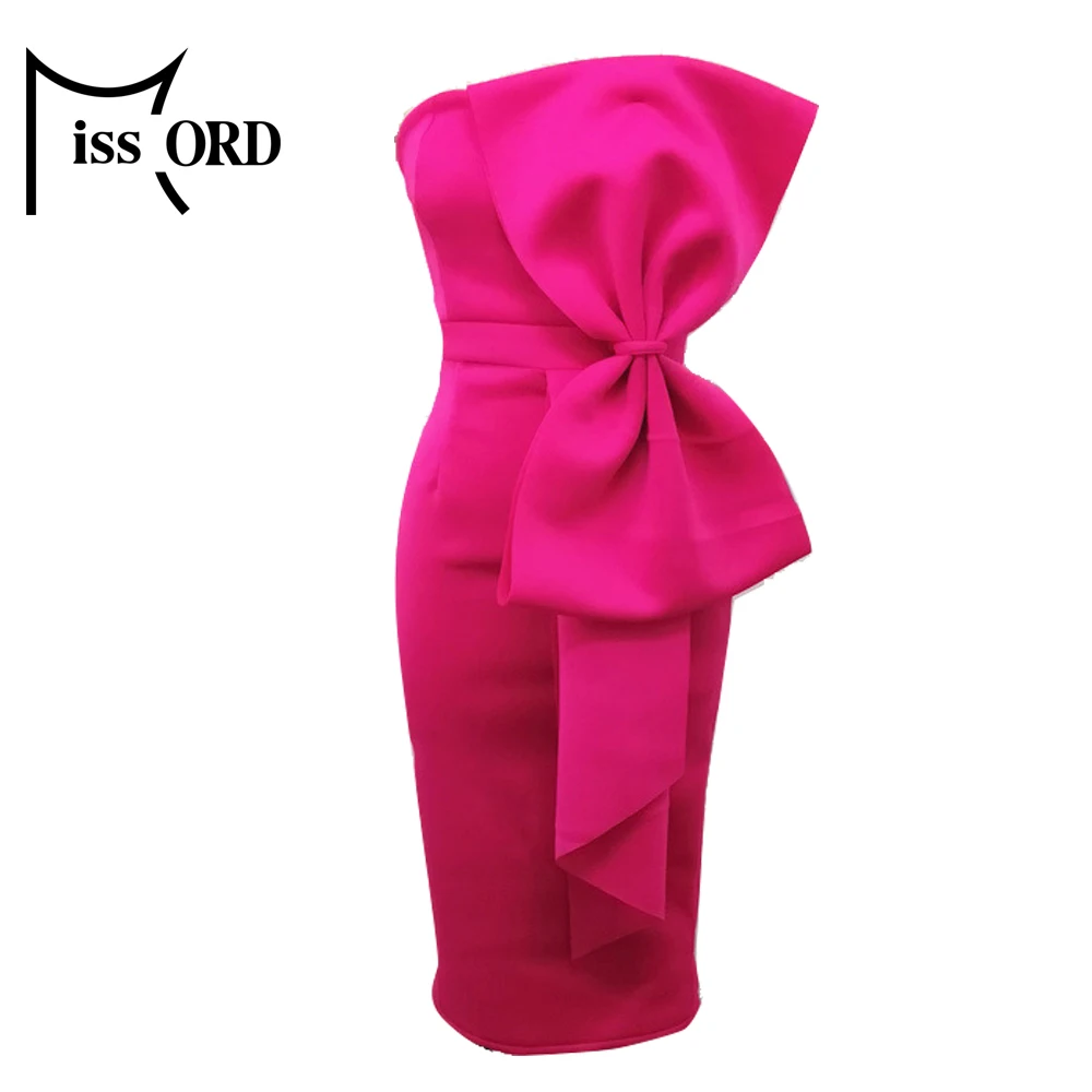 Missord, женское летнее сексуальное платье с открытыми плечами, новое платье с бантом, женское элегантное одноцветное Платье До Колена, облегающее платье FT19051