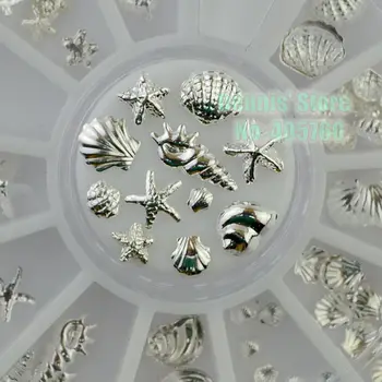 

Hot Sale 1Wheel/lot Silver Mixed Shell Starfish Conch Ocean Life Shape Alloy Nail Art Gems Decoration Wheel DIY Tips