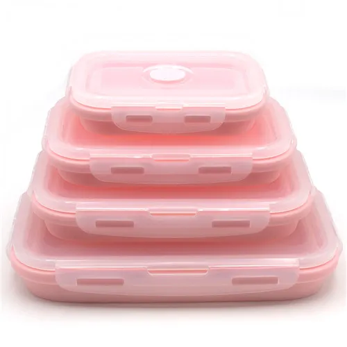 4 шт., силиконовая складная коробка для бэнто, Складной Портативный Ланч-бокс для еды, столовая посуда, контейнер для еды, миска для детей - Цвет: Pink Lunch Box
