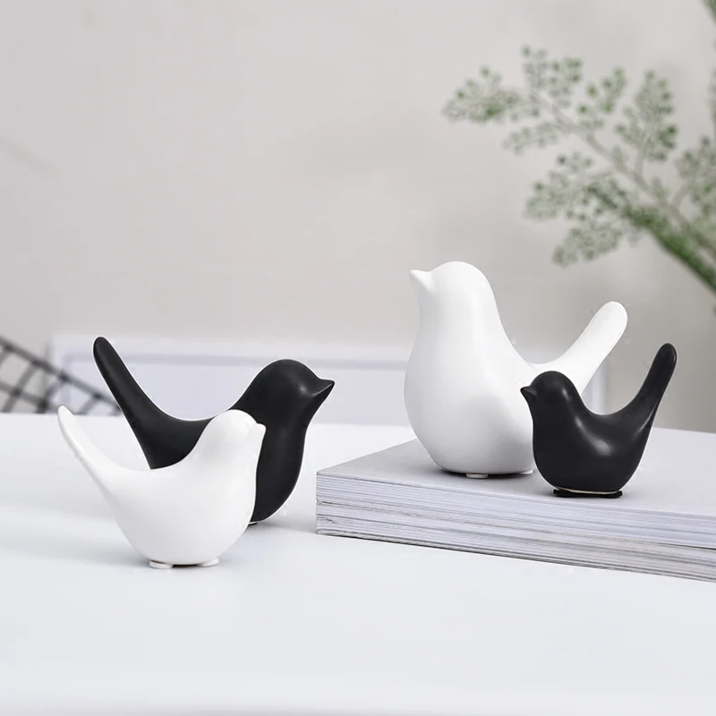 Black And White Nordic Style Ceramic Bird Figurine Small Bird Statue Home Decor 