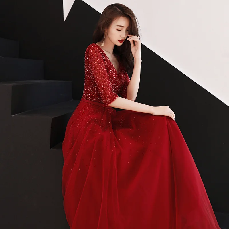 Вечернее платье трапециевидной формы из блестящей ткани, ажурная сетка, v-образный вырез, рукав до локтя, вечернее платье, винтажное Красное длинное платье для выпускного вечера E093