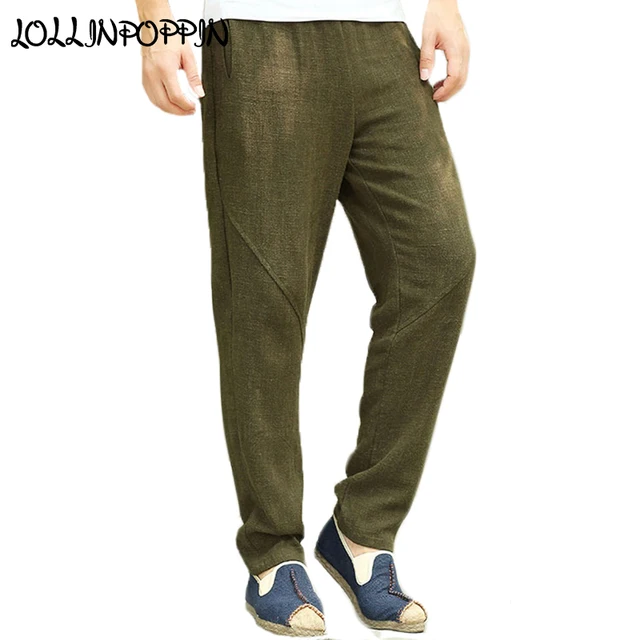 Men Army Green Linen Pants Straight Fit Elastic Waist 2018 Autumn