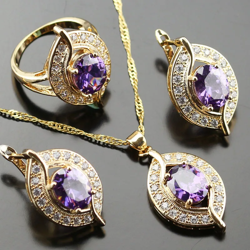 Noblest Purple Crystal stone Jewelry Set For Women White Zircon Gold ...