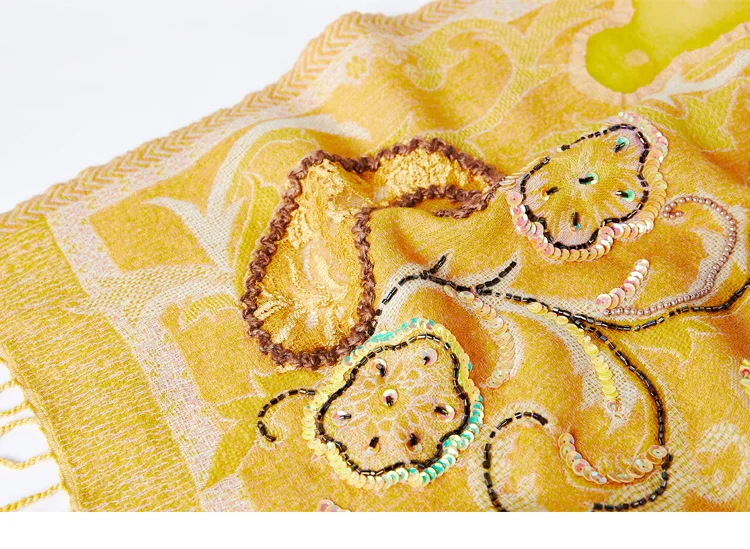 Indian handmade beaded embroidered paisley pattern Nepal boiled wool scarf shawl warm bright yellow 1 order= 1 pc