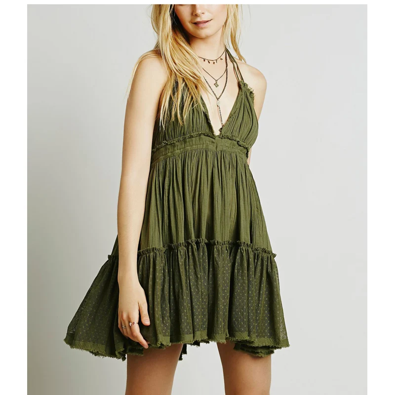 

PERHAPS U black white army green fuchsia red strap sleeveless backless lace dot mesh ruffle mini short summer beach dress D0206